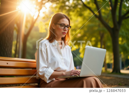 young student woman working on laptop in park sitting on bench, freelance concept 128847033