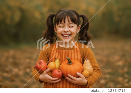 食欲の秋イメージ　旬の食材を抱きしめる女の子 128847124