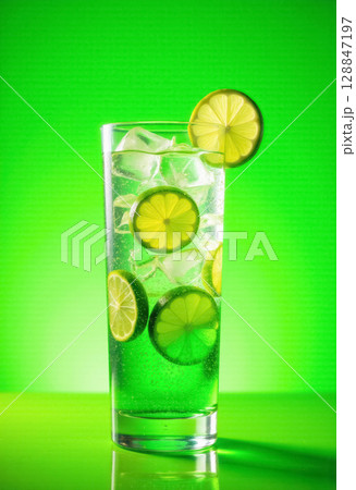 glass cup of fresh refreshing lime lemonade with ice cubes on orange background glass cup of fresh refreshing lime lemonade with ice cubes on orange background 128847197