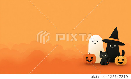 かわいいオバケとカボチャと黒猫のハロウィンイラスト 128847219