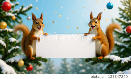 two funny squirrels with a white empty banner in a winter forest sitting on fir trees 128847240