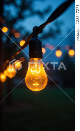 garland of incandescent lamps hanging in the park on a dark background 128847271