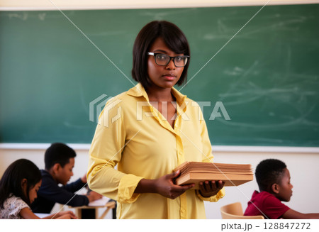 portrait of african american female teacher standing in classroom with stack of notebooks in hands 128847272