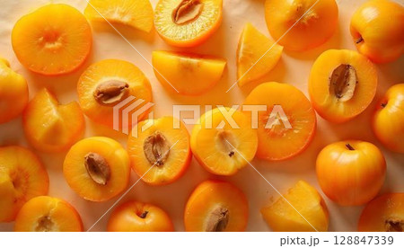 A close-up of sliced apricots arranged in a lively spring design, highlighting their deep colors and textures A close-up of sliced apricots arranged in a lively spring design, highlighting their deep colors and textures 128847339