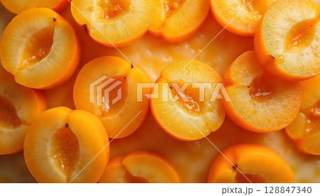 Close-up of fresh sliced apricots in a colorful spring pattern, emphasizing their natural sweetness and vibrant hues Close-up of fresh sliced apricots in a colorful spring pattern, emphasizing their natural sweetness and vibrant hues 128847340