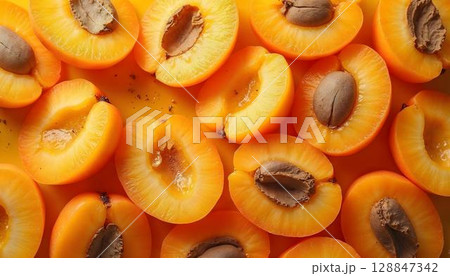 Close-up of sliced apricots arranged in a vibrant spring pattern, showcasing their rich color and texture 128847342