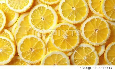 An intricate view of sliced lemons in a spring-themed arrangement, showcasing their juicy texture and lively yellow color 128847343