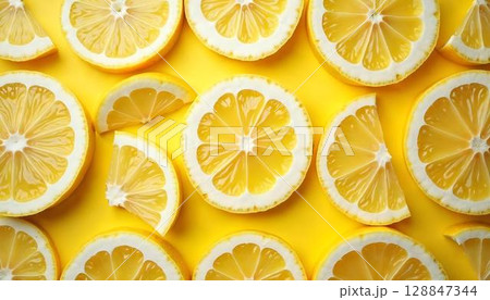 A close-up shot of sliced lemons arranged in a lively spring design, emphasizing their vivid yellow shade and fresh texture 128847344
