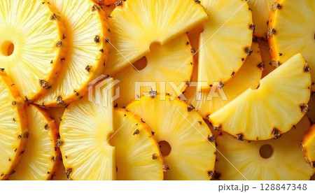 A cheerful display of sliced pineapples piled together, embodying a spring vibe with their bright, tropical look 128847348