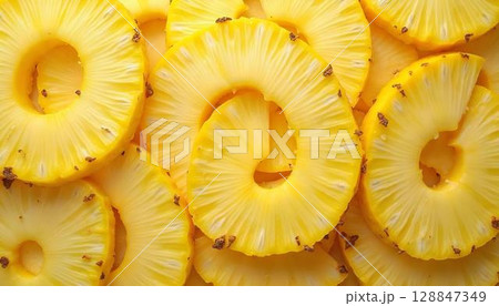 A lively stack of fresh pineapple slices arranged in a spring-themed design, highlighting their juicy texture and vibrant colors 128847349