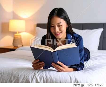 ベッドの上で読書する女性 ベッドの上で読書する女性 128847472