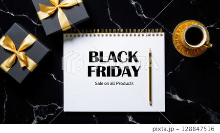 black friday inscription on notebook with red cup of coffee and gift box with red ribbon  128847516