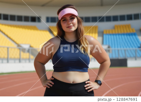 young athletic plus size woman standing on sports ground, sport and healthy lifestyle 128847691