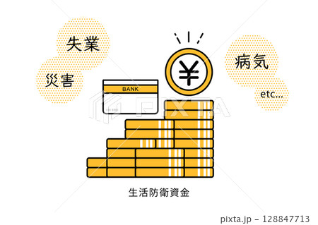 失業や災害や病気に対する生活防衛資金をイメージしたイラスト 128847713