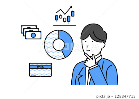 投資と貯金の割合を考える若い男性のイラスト 128847715