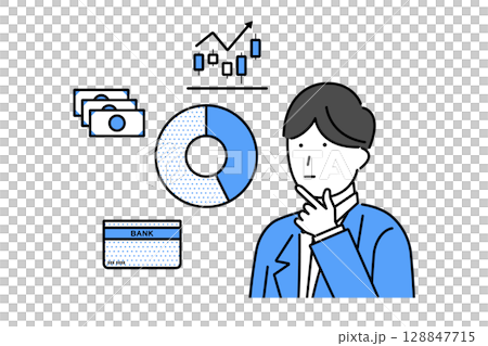 投資と貯金の割合を考える若い男性のイラスト 128847715