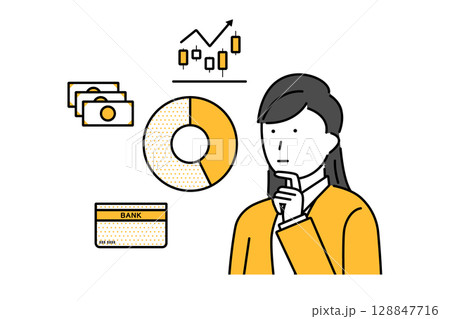 投資と貯金の割合を考える若い女性のイラスト 投資と貯金の割合を考える若い女性のイラスト 128847716