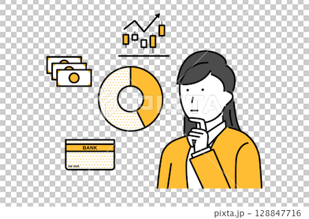 投資と貯金の割合を考える若い女性のイラスト 投資と貯金の割合を考える若い女性のイラスト 128847716