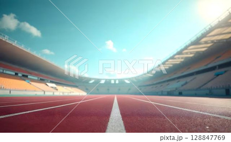 A deserted stadium with a running track, embodying the concept of athletics and the excitement of sports A deserted stadium with a running track, embodying the concept of athletics and the excitement of sports 128847769