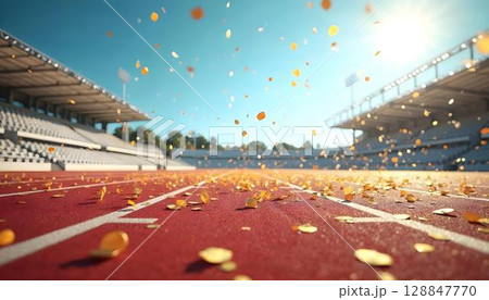 Gold confetti pours down on a running track, embodying the joyous spirit of the stadium during an athletic competition Gold confetti pours down on a running track, embodying the joyous spirit of the stadium during an athletic competition 128847770
