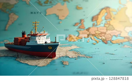 A small ship model placed on a world map, symbolizing global shipping and transportation business concepts 128847818