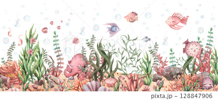 Interior sticker watercolor handmade seabed with fish, corals, algae, bubbles. Marine life children's room decoration. Interior sticker watercolor handmade seabed with fish, corals, algae, bubbles. Marine life children's room decoration. 128847906