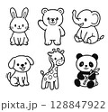 可愛い線画の動物達の白黒イラスト(うさぎ・くま・ゾウ・いぬ・キリン・パンダ) 128847922