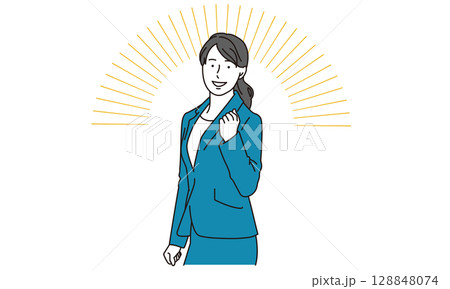 笑顔でガッツポーズをとるビジネスパーソンの女性イラスト 笑顔でガッツポーズをとるビジネスパーソンの女性イラスト 128848074