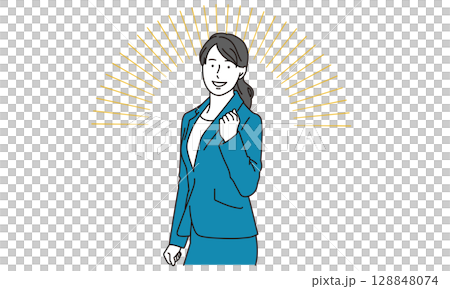 Illustration of a smiling business woman posing with her fist in the air Illustration of a smiling business woman posing with her fist in the air 128848074