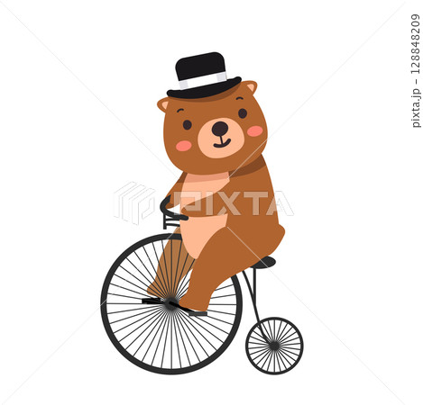 Cartoon Bear Riding Penny-Farthing Bicycle 128848209