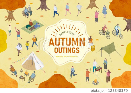 秋の行楽を楽しむ人々のアイソメトリックイラスト 水彩画イラスト 秋の行楽を楽しむ人々のアイソメトリックイラスト 水彩画イラスト 128848379