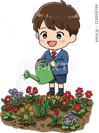 Boy Watering Flower Garden 128848599