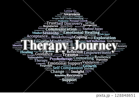 Therapy Journey Word Cloud. Concepts of Mental Healing and Personal Growth in Psychotherapy Therapy Journey Word Cloud. Concepts of Mental Healing and Personal Growth in Psychotherapy 128848651