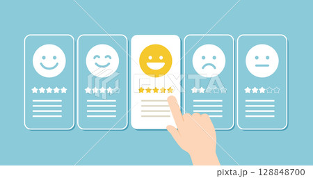 星評価カードと手で選択するレビューイラスト（顧客満足・評価） | アイキャッチ 背景 128848700