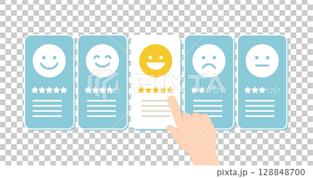 星評価カードと手で選択するレビューイラスト（顧客満足・評価） | アイキャッチ 背景 128848700