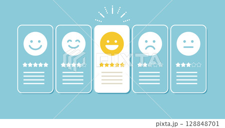 レビュー評価のスターアイコンとカード型イラスト | ベクター素材 背景 アイキャッチ 128848701
