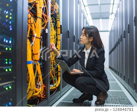 サーバールームで作業する女性 サーバールームで作業する女性 128848781
