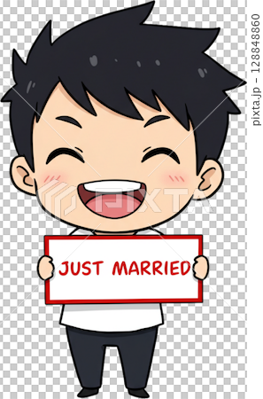 Cartoon Groom with Just Married Sign 128848860