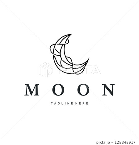 Moon logo design with a simple line concept as a product brand template or poster with a night sky view with an elegant and modern line moon. Moon logo design with a simple line concept as a product brand template or poster with a night sky view with an elegant and modern line moon. 128848917