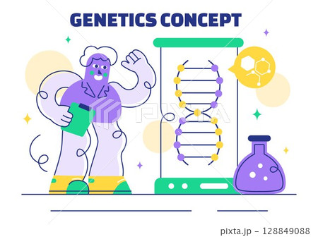 Genetics Vector Illustration featuring Science with DNA Molecule Structure, Research, and Experiment Scientists in a Technological Flat Background 128849088