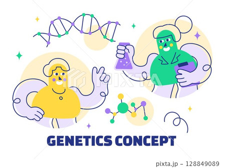 Genetics Vector Illustration featuring Science with DNA Molecule Structure, Research, and Experiment Scientists in a Technological Flat Background 128849089
