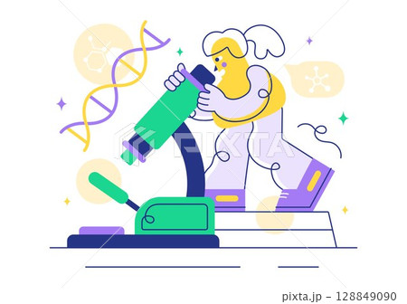 Genetics Vector Illustration featuring Science with DNA Molecule Structure, Research, and Experiment Scientists in a Technological Flat Background 128849090