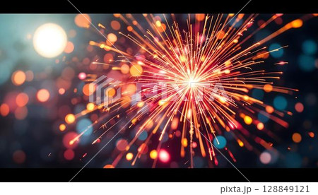Fireworks in the night sky with bokeh background and copy space 128849121