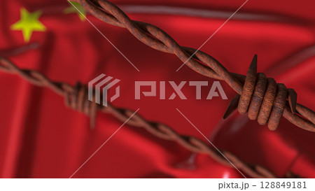 The China Flag and barbed wire for Business crisis concept 3d Rendering. The China Flag and barbed wire for Business crisis concept 3d Rendering. 128849181