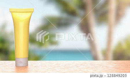 The Mock up package on wood table for Beauty or Advertising concept 3d Rendering. The Mock up package on wood table for Beauty or Advertising concept 3d Rendering. 128849203
