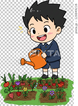 Cartoon Boy Watering Garden 128849216