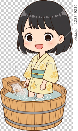 Girl Bathing in Wooden Tub 128849230