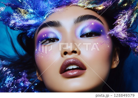 宇宙をテーマに奇抜なヘアメイクスタイル 美人女性像を生成AIで表現（横写真） 128849379