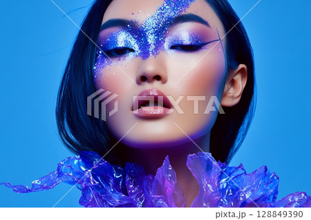 宇宙をテーマに奇抜なヘアメイクスタイル 美人女性像を生成AIで表現（横写真） 128849390