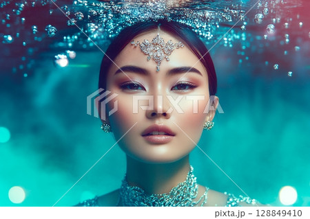 宇宙をテーマに奇抜なヘアメイクスタイル 美人女性像を生成AIで表現（横写真） 128849410